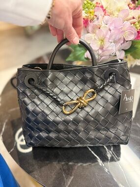 Bottega Veneta Black Intrecciato Leather Tote with Gold Knot Detail